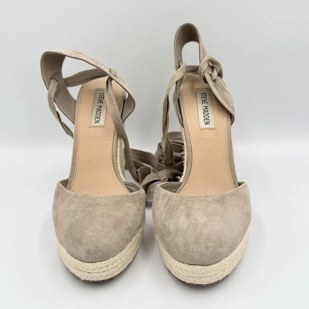 Steve Madden Barre 9M Taupe Suede Espadrille Platform Wedge Heels Ankle Tie Boho
